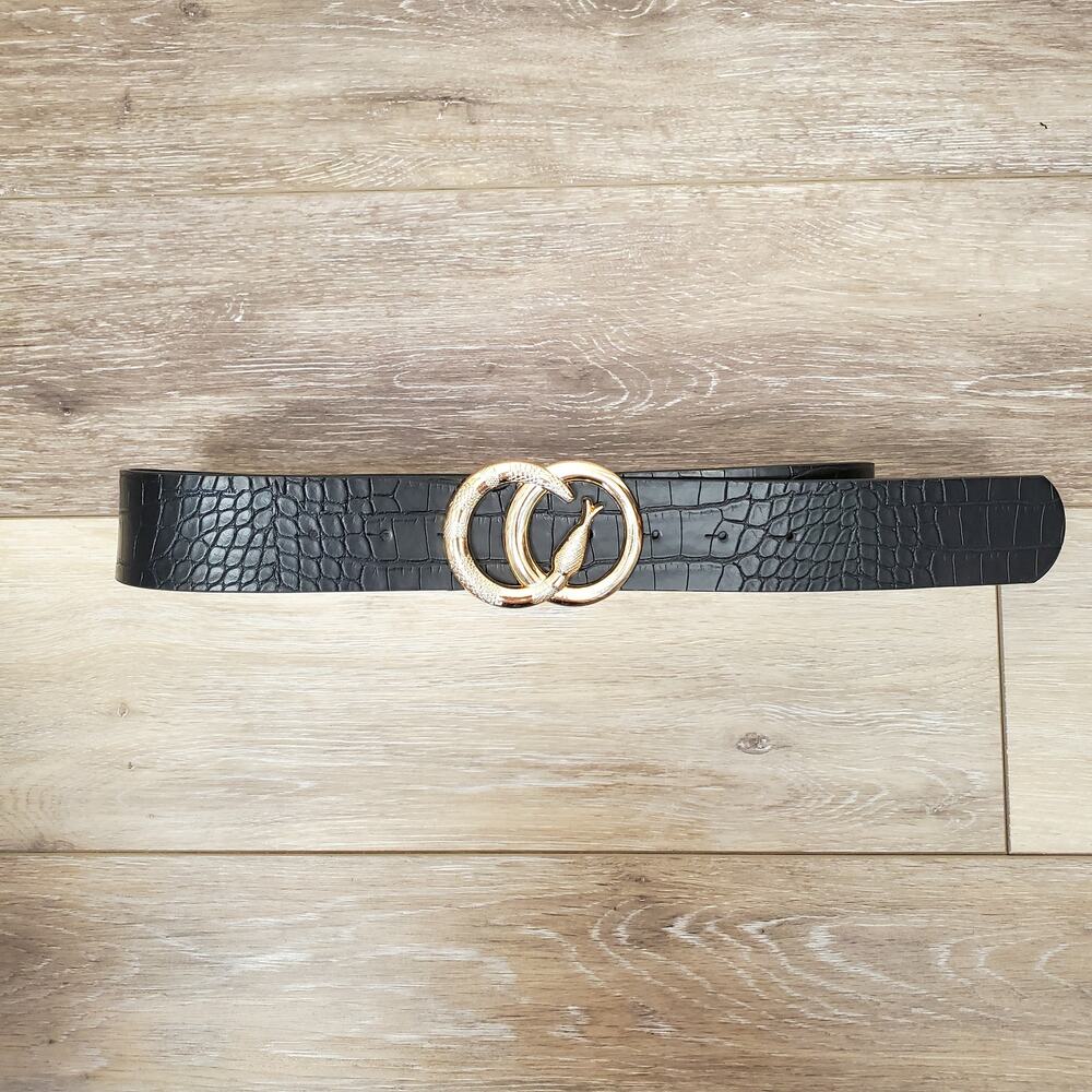 Black Crocodile Faux Leather Gold Snake Buckle Belt Womens Small / Medium